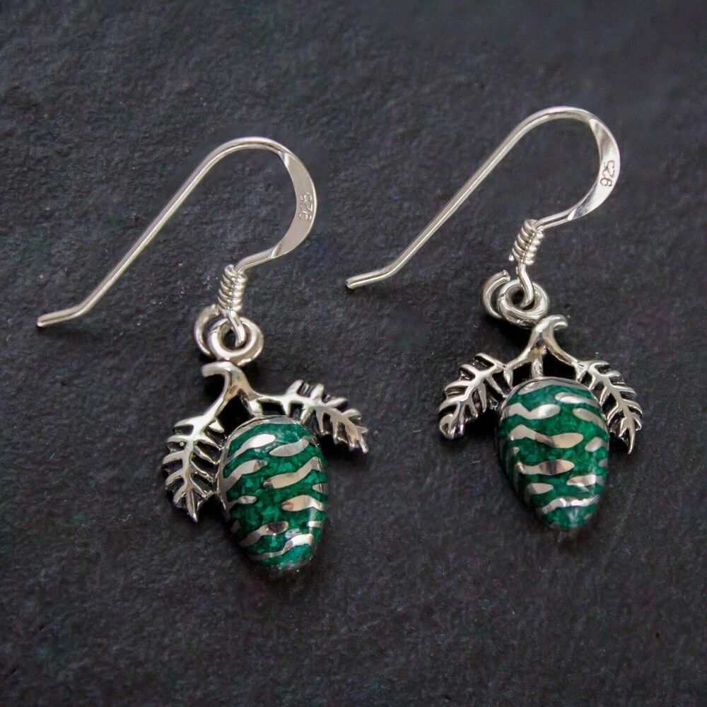 Pine Cone Earrings • 925 Sterling Silver • Green Malachite Pine Tree...